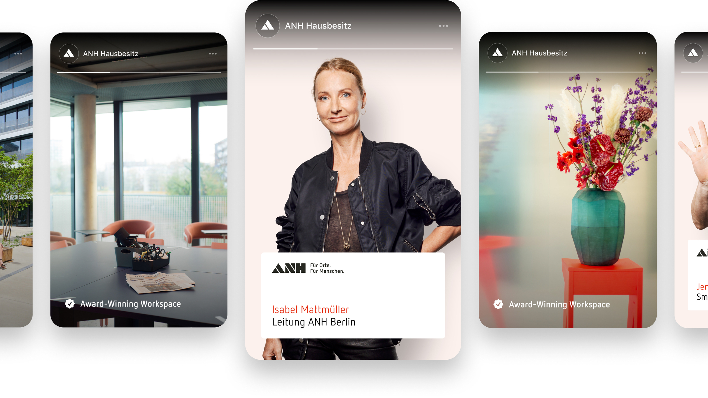 SoMe Kacheln mit Motiven der Mitarbeiter und Objekten