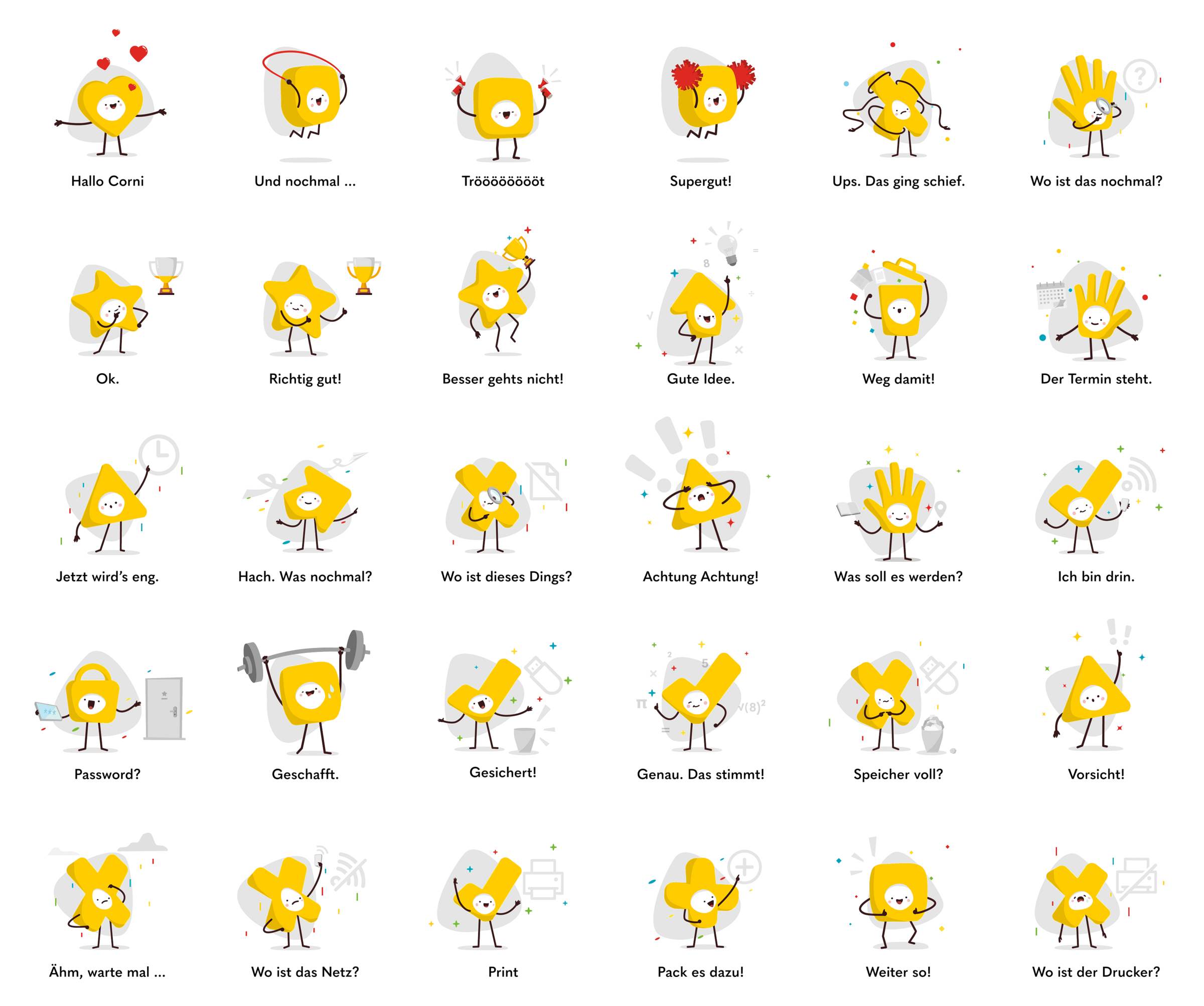 Corni Character Illustration der verschiedenen Funktionen und Figuren